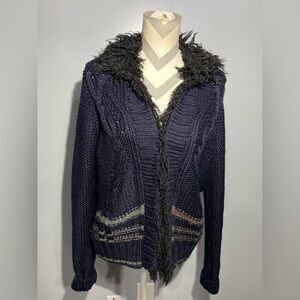 Free People Navy Cardigan with Faux Fur Collar